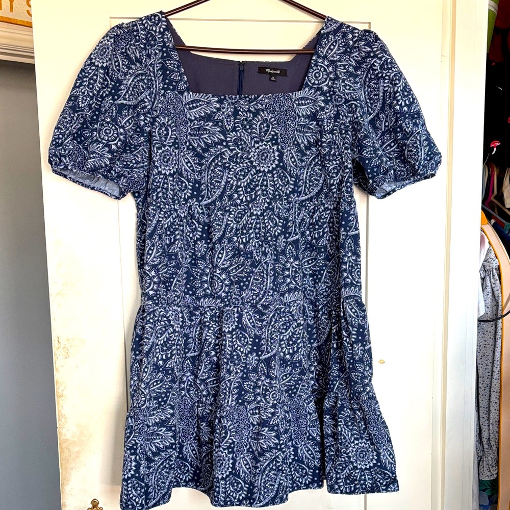 Madewell size 16 blue and white paisley dress square neckline puff sleeves
